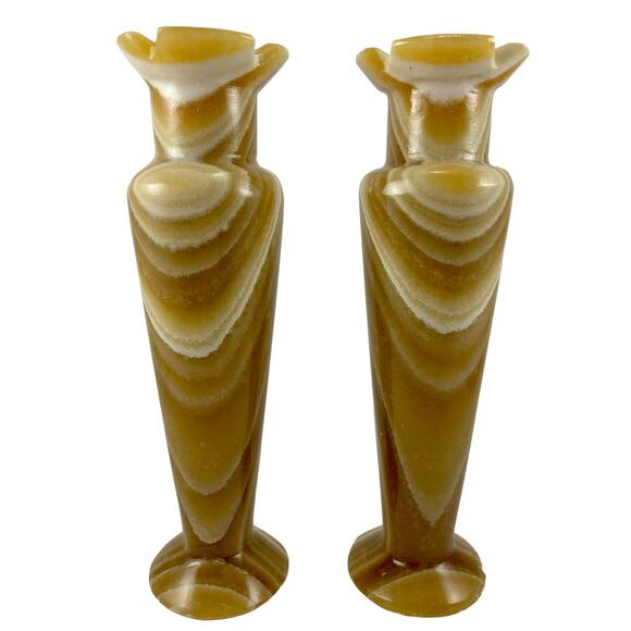 Vintage Egyptian Alabaster Marble Onyx Vases Candle Holders Set of 2 Handmade - Picture 8 of 13